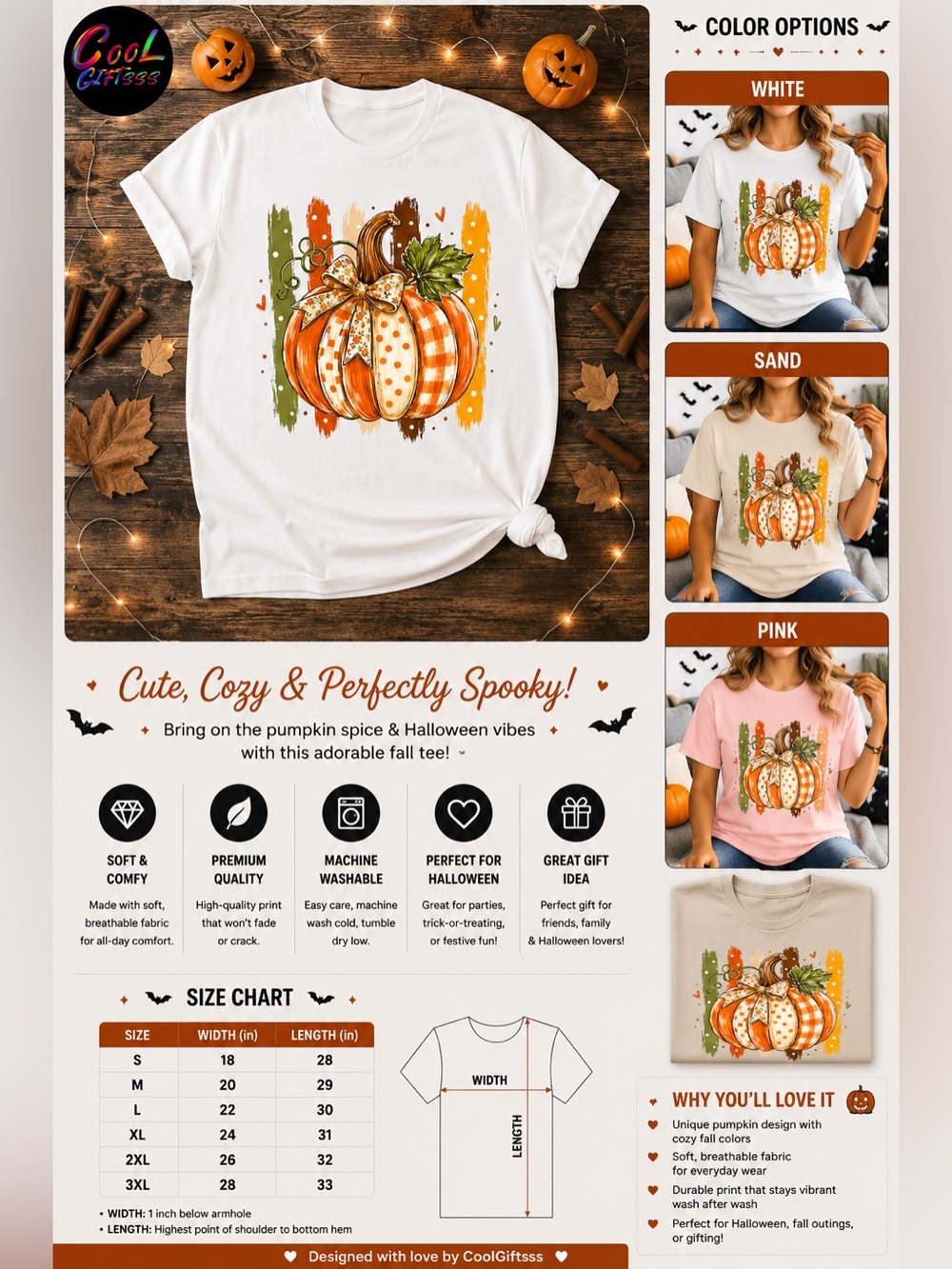 Pumpkin Patch Graphic Tee with Orange, Green & Brown Accents new S M L XL
